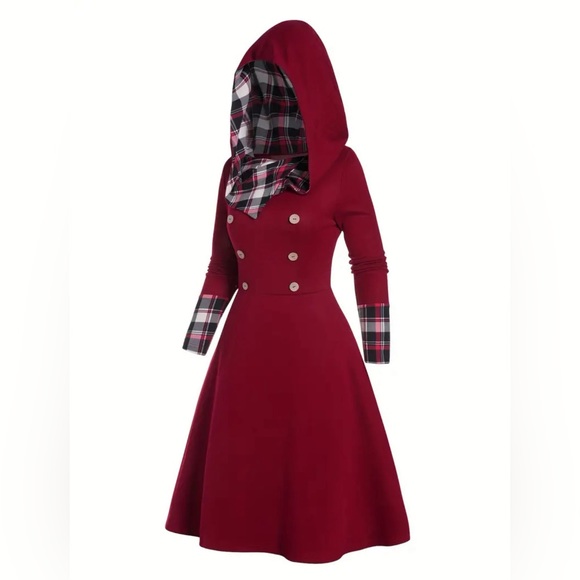 Women’s Red Plaid Print Panel Hooded Midi Dress Size 6 NWOT - Picture 2 of 11
